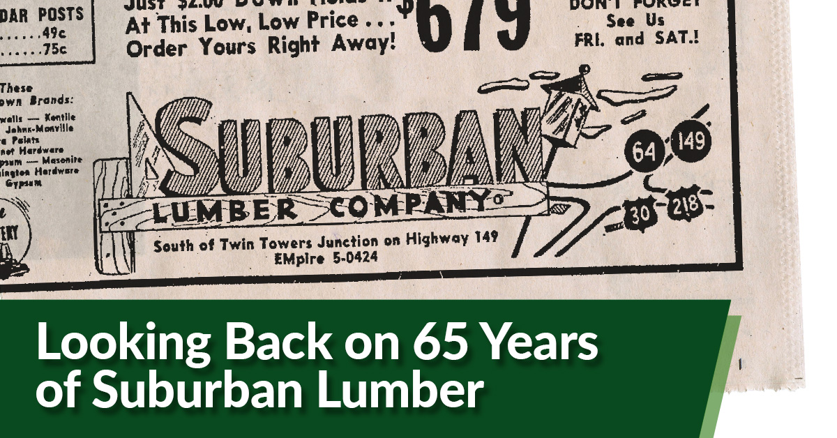 An old black and white newspaper advertisement for the Suburban Lumber Company. Below the newspaper clipping is the title of the blog it's meant for "Looking Back on 65 Years of Suburban Lumber"